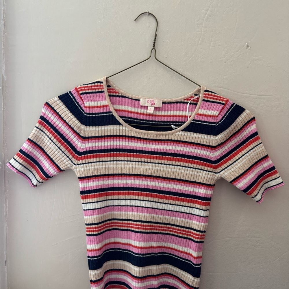 GB Girls Striped Short Sleeve Tee in Pink, Blue, and Cream